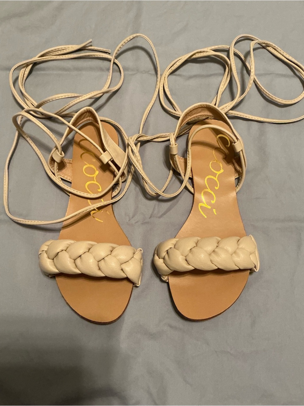 CCOCCI Cream Braided Lace-Up Leg Flat Sandals